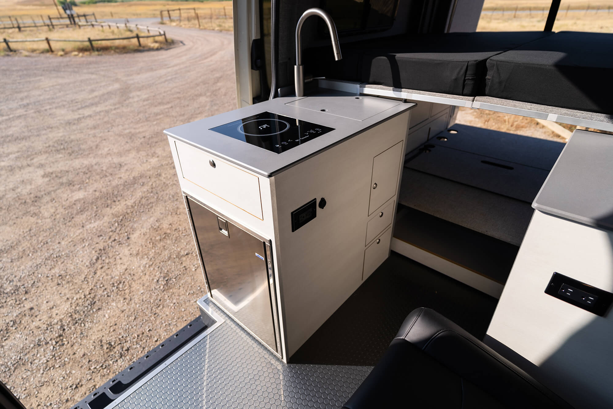 camper van galley and bed