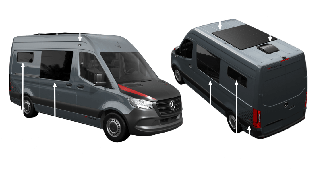 The Kronos camper van's extrior features renderings shown from two perspective