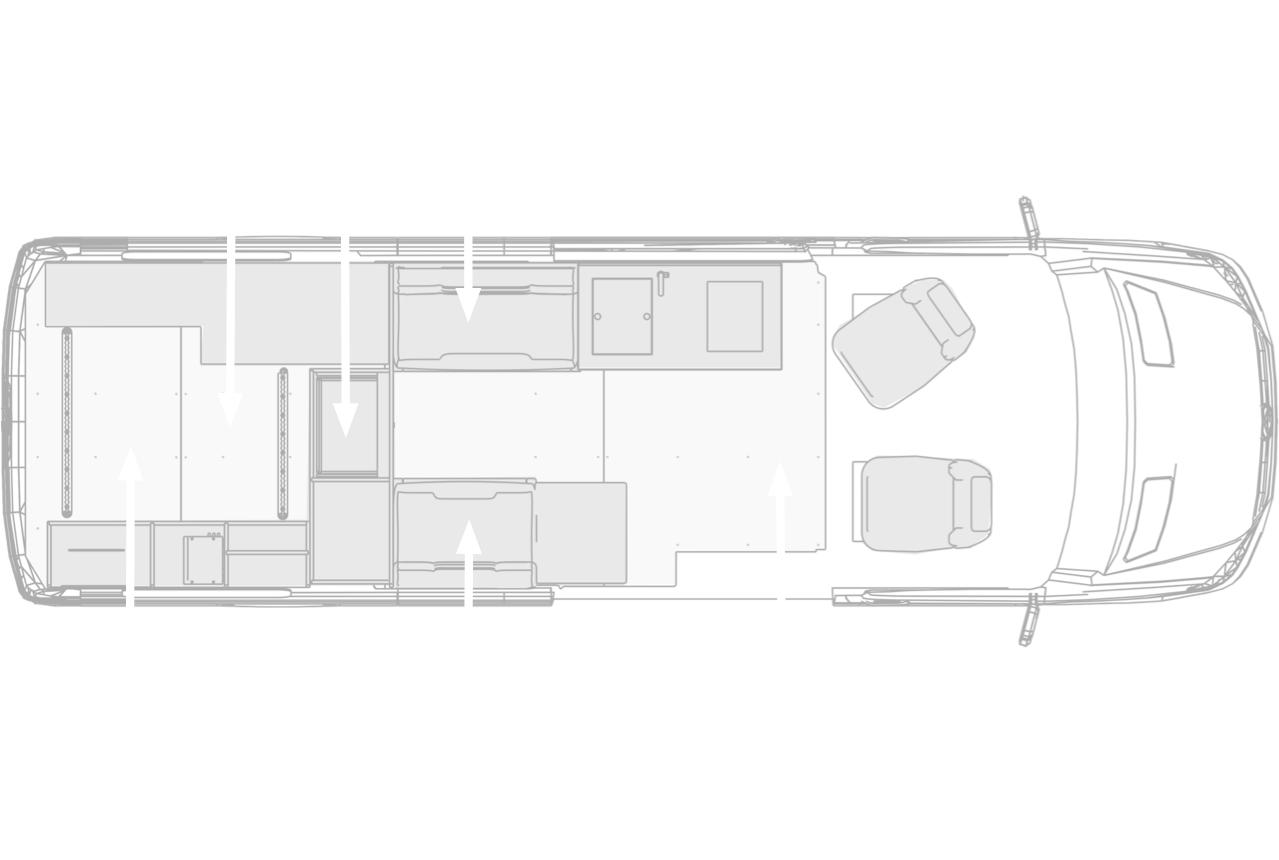 Top view infographic showing the interior of the Kronos 170 camper van