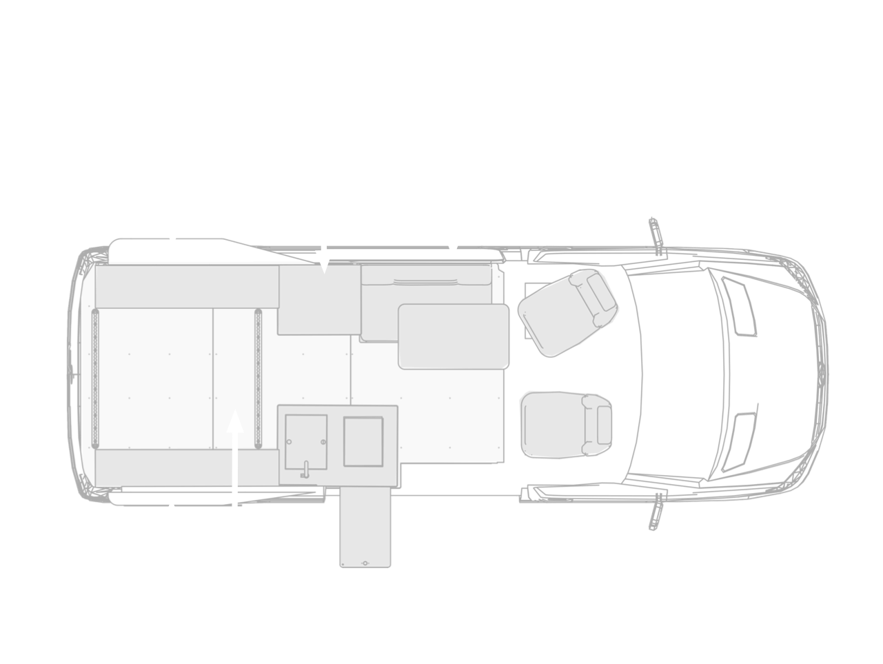 Top view infographic showing the interior of the Sprinter 144" Metis camper van