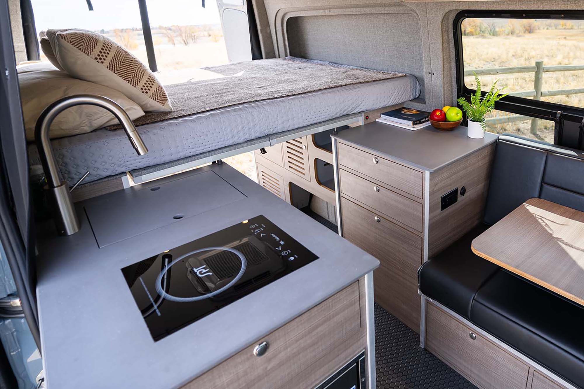 The interior living space in the Metis camper van