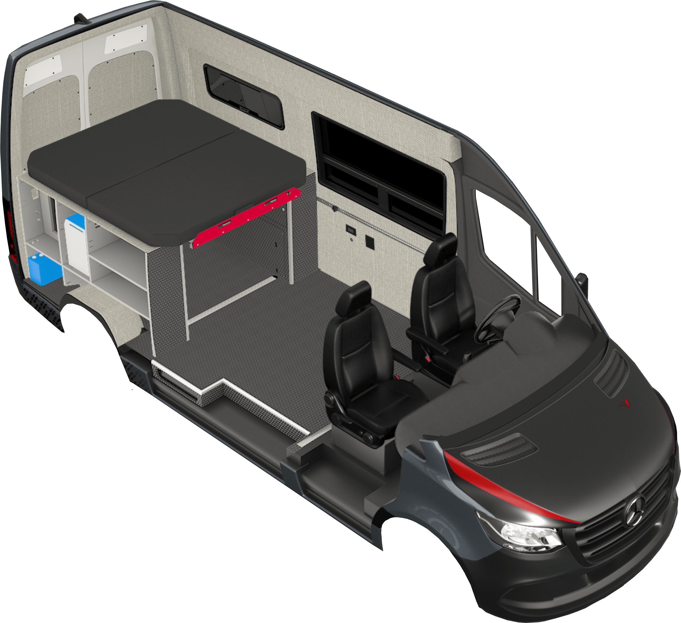 Rendering of the Classic 144 camper van conversion on a Mercedes Sprinter 144 chassis
