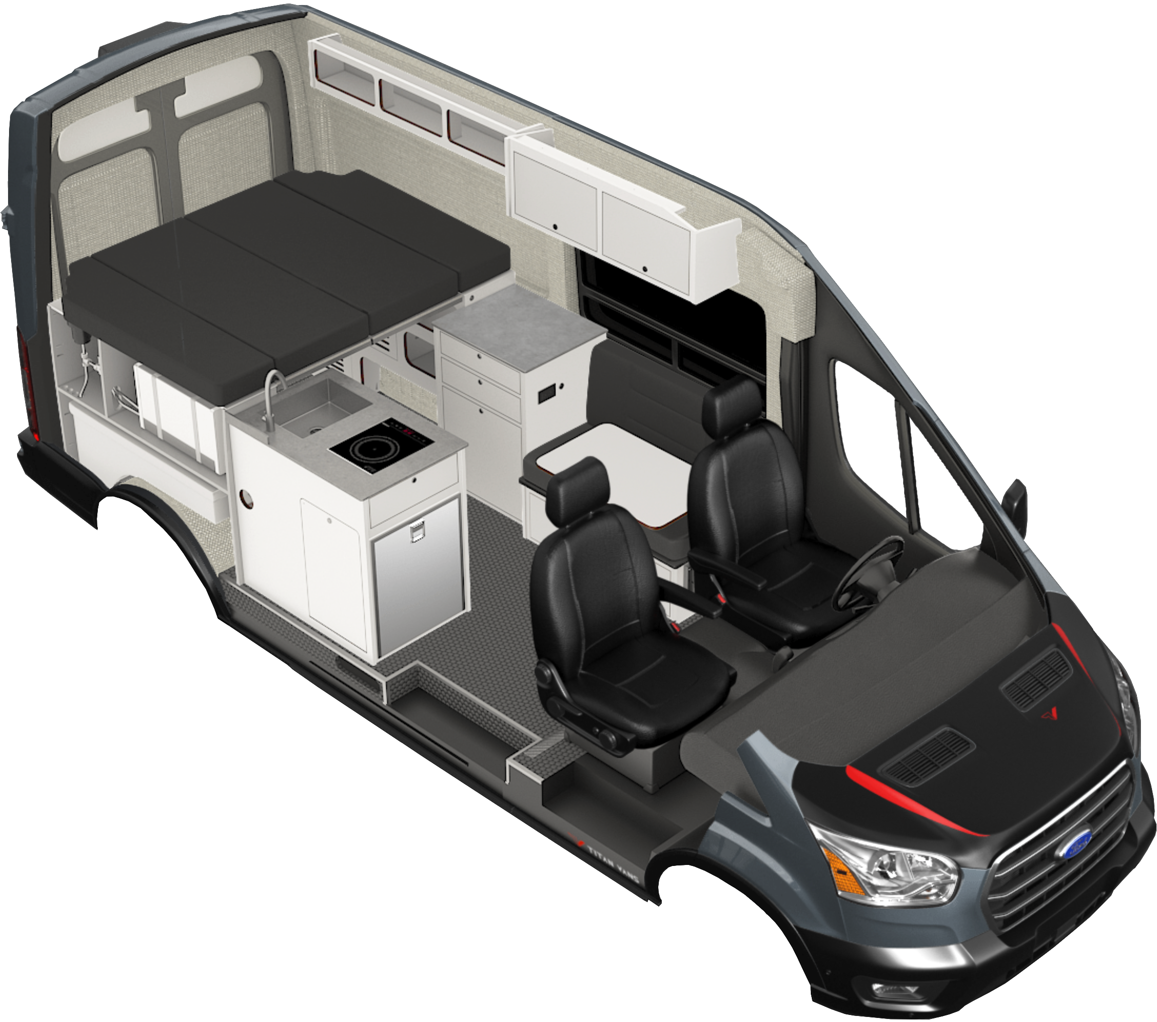 Rendering of the Metis 148 camper van conversion on a Ford Transit 148 chassis