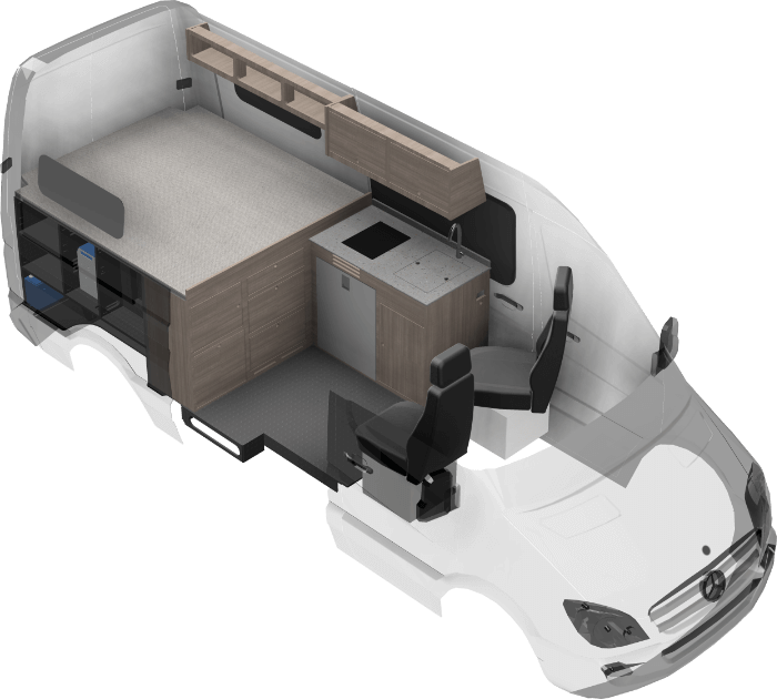 Rendering of the Kronos camper van build. The chassis in this rendering is of the Mercedes Sprinter 144.
