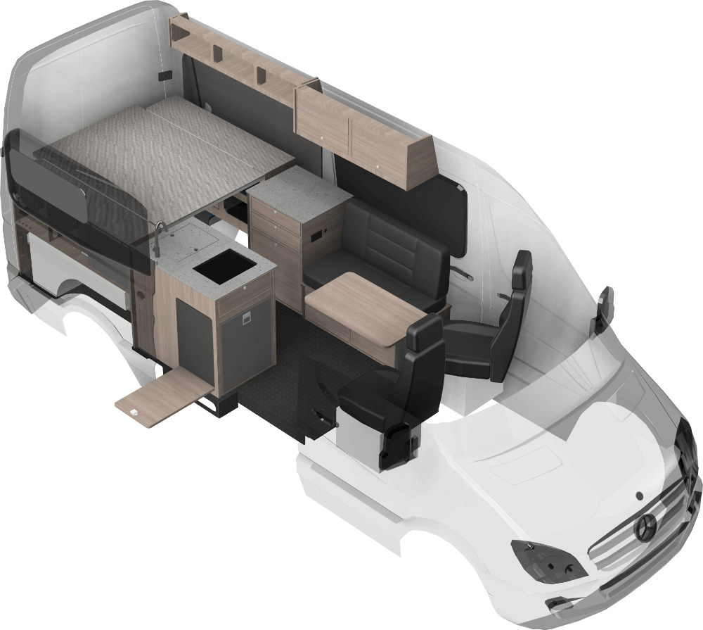 Rendering of the Metis camper van build. The chassis in this rendering is of the Mercedes Sprinter 144.