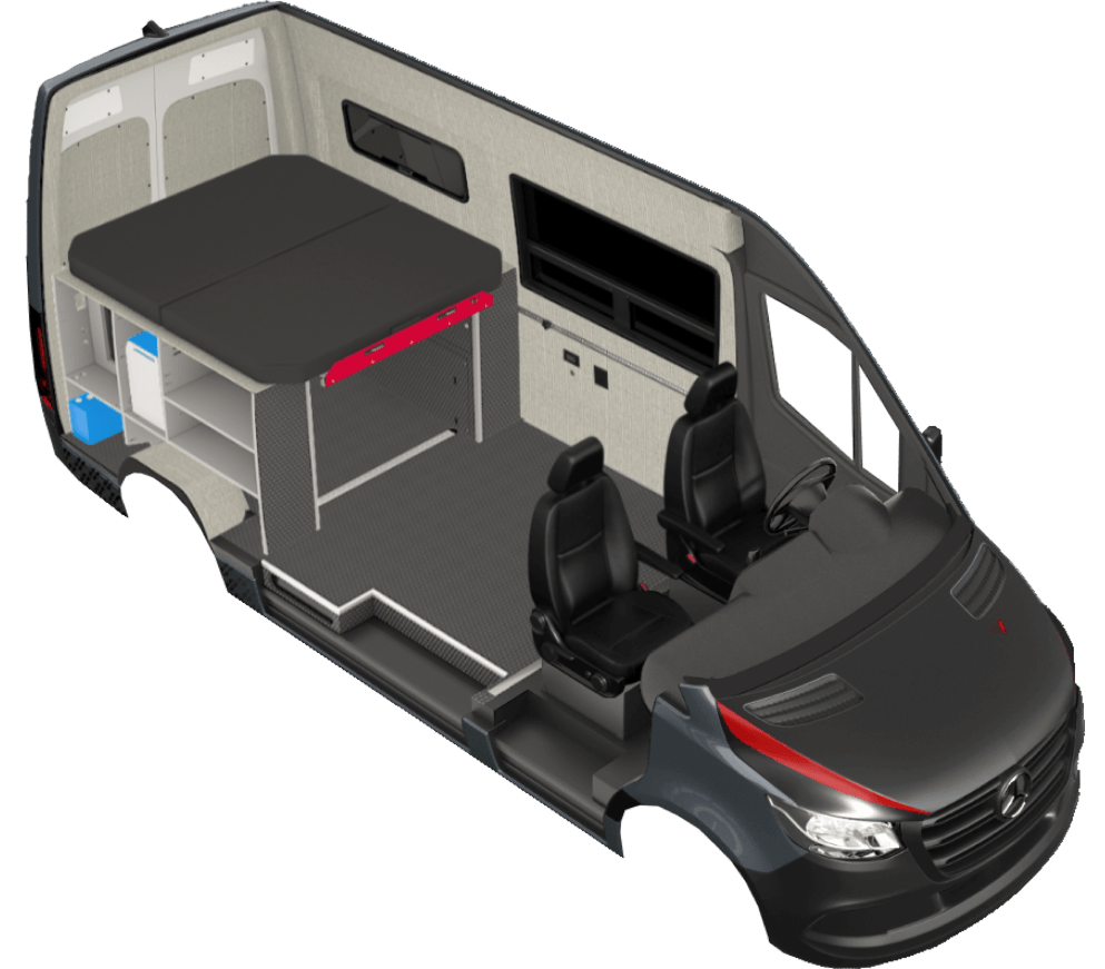 Rendering of the Classic 144 van conversion model. This camper van model uses the Mercedes Sprinter 144 chassis.