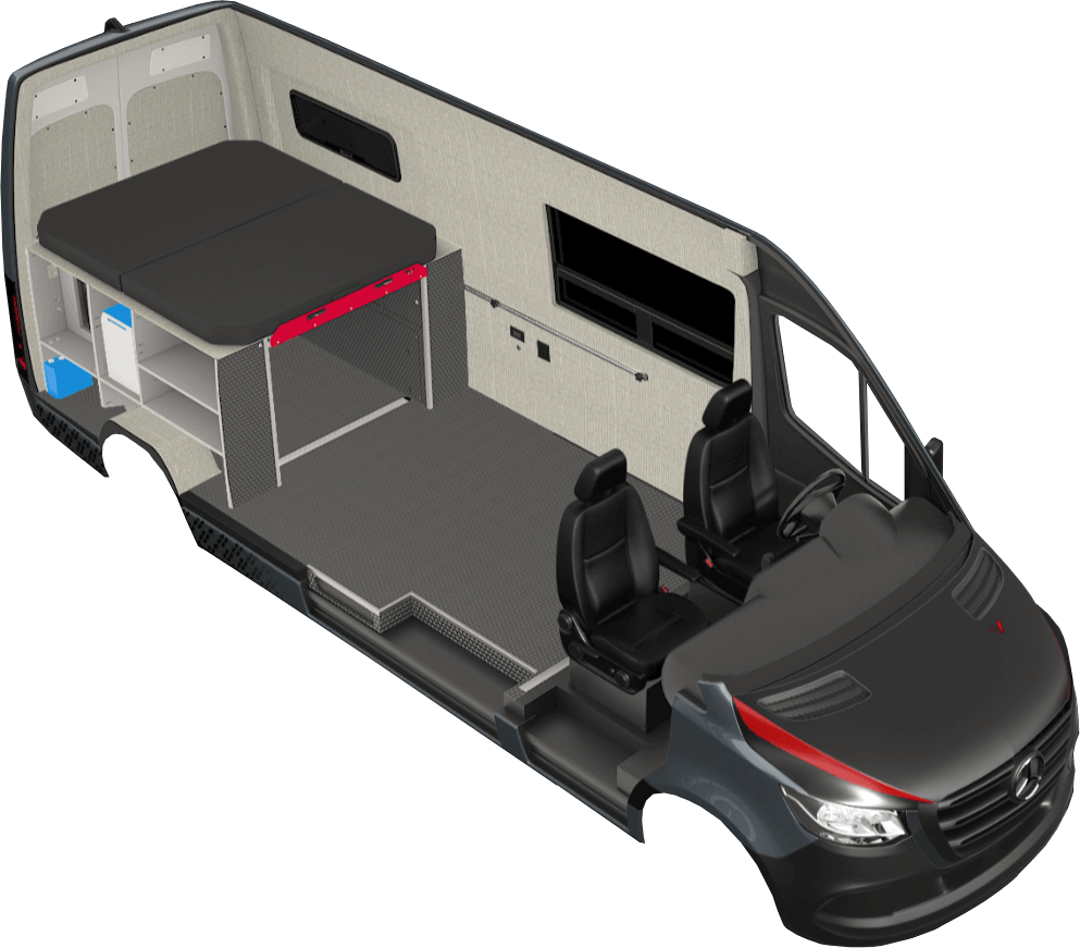 Rendering of the Classic camper van build. The chassis in this rendering is of the Mercedes Sprinter 144.