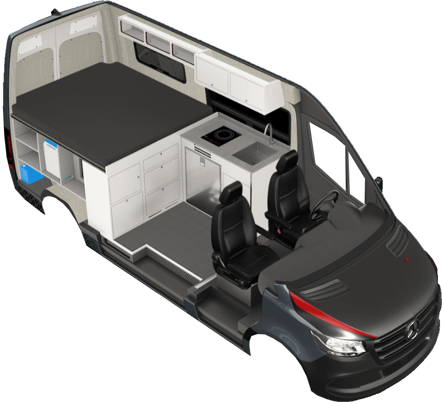 Rendering of the Kronos 144 van conversion model. This camper van model uses the Mercedes Sprinter 144 chassis.
