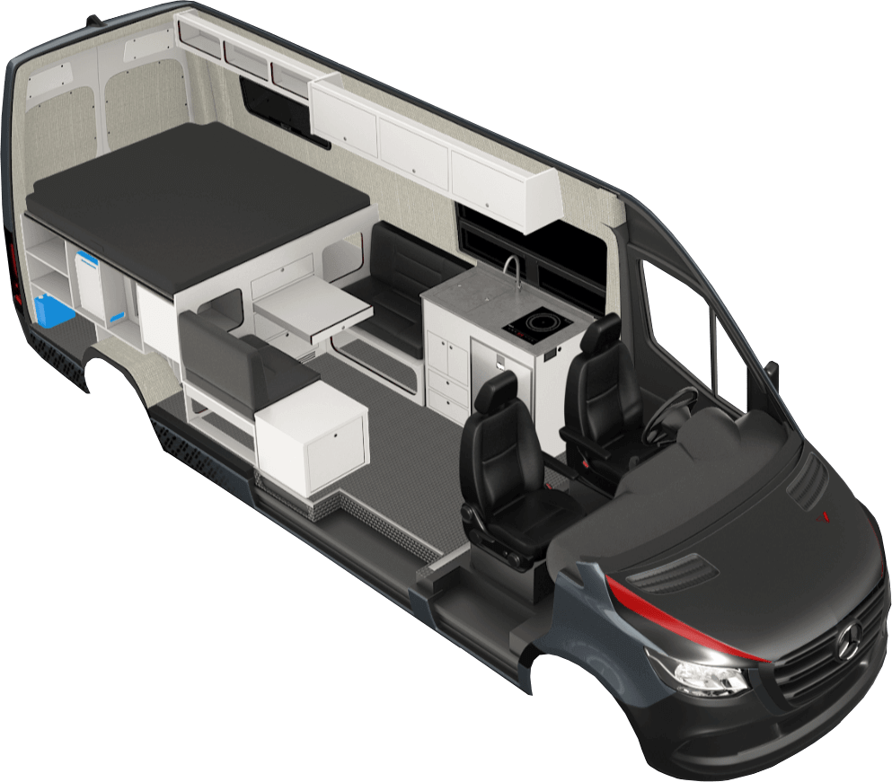 Rendering of the Krnonos camper van build. The chassis in this rendering is of the Mercedes Sprinter 144.