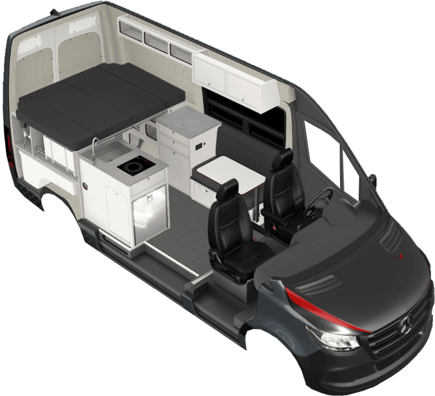 Rendering of the Metis 144 van conversion model. This camper van model uses the Mercedes Sprinter 144 chassis.