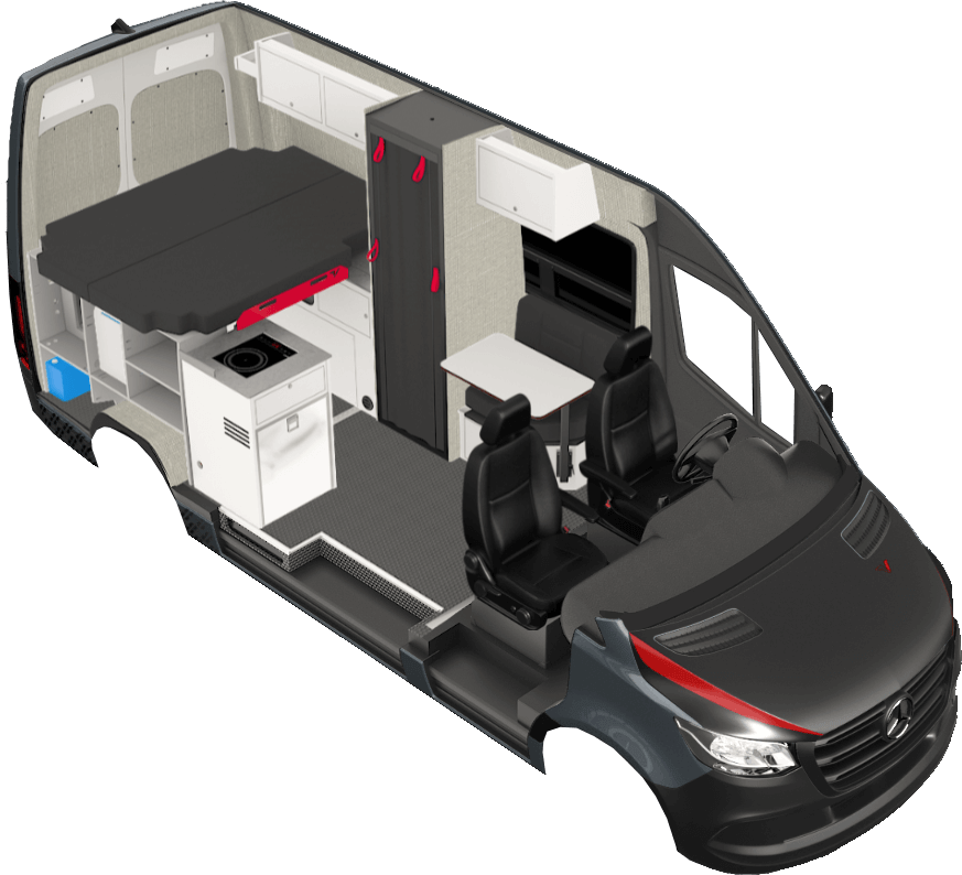 Rendering of the Ultra 144 van conversion model. This camper van model uses the Mercedes Sprinter 144 chassis.