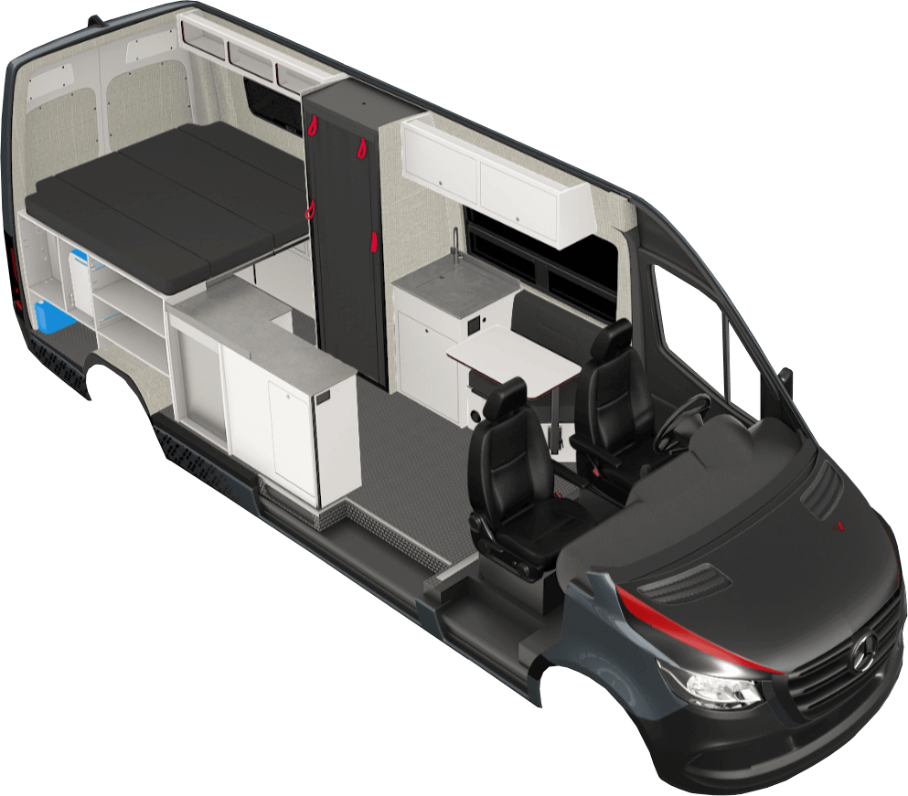 Rendering of the Ultra camper van build. The chassis in this rendering is of the Mercedes Sprinter 144.