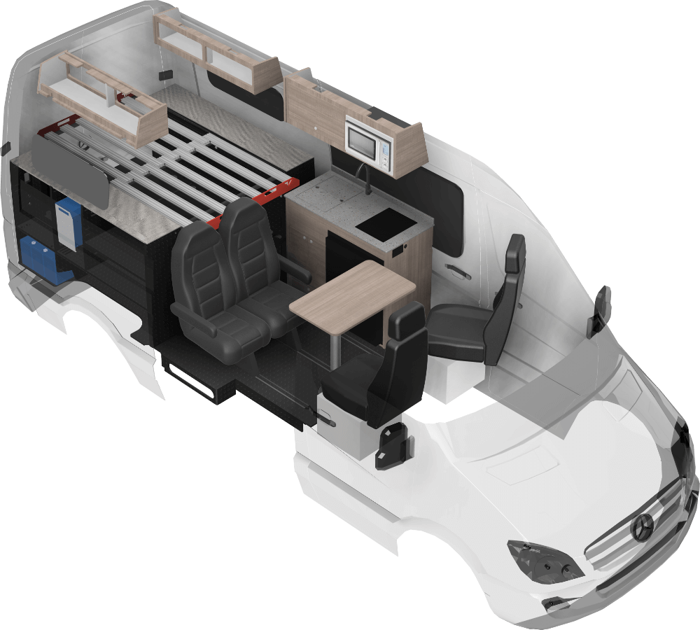 Rendering of the Classic camper van build. The chassis in this rendering is of the Mercedes Sprinter 144.
