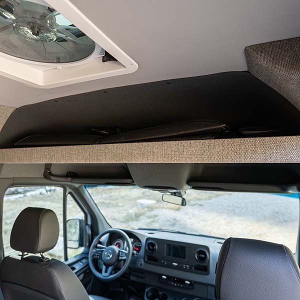 headliner shelf above seats in camper van