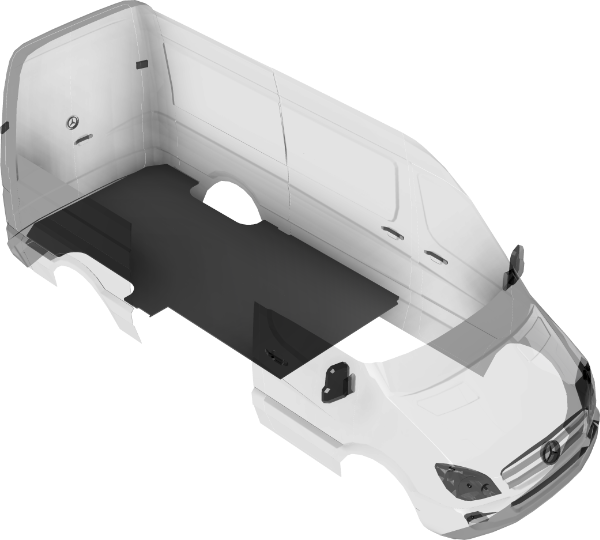 Rendering of an empty camper van build. The chassis in this rendering is of the Mercedes Sprinter 144.