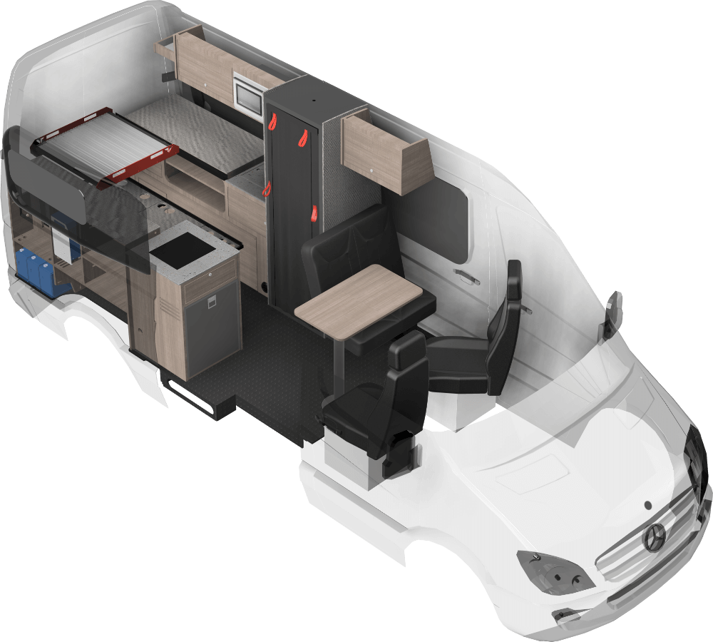 Rendering of the Ultra camper van build. The chassis in this rendering is of the Mercedes Sprinter 144.